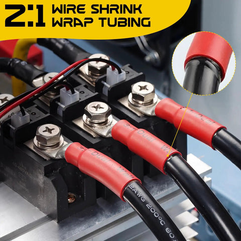 BossLevel Sweet 600Pcs Heat Shrink Tubing Bundle Paired With 350W TwoTemp Mini Heat Gun showcasing connected wires with red shrink tubing.