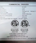 Label of Professional Grade Commercial Stainless Steel Reach In Freezer With Three Roomy Solid Doors and Beefy Cold Storage Setup.