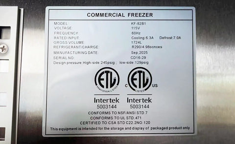 Label of Professional Grade Commercial Stainless Steel Reach In Freezer With Three Roomy Solid Doors and Beefy Cold Storage Setup.