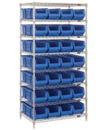 Heavy Duty Eight Tier Wire Shelving Unit With Twenty Eight Blue Plastic Storage Bins Chrome Finished Shop Rack displaying organization.