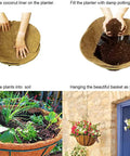 Natural Coconut Coir Liner Roll 12x80 Inch Thick Coco Fiber Sheets for planters and hanging baskets in use; planting steps shown.
