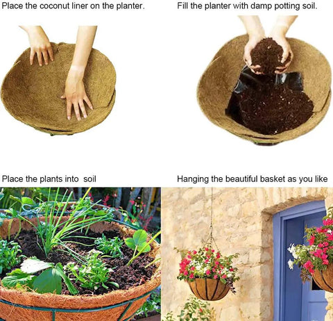 Natural Coconut Coir Liner Roll 12x80 Inch Thick Coco Fiber Sheets for planters and hanging baskets in use; planting steps shown.