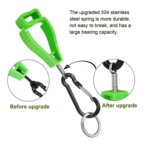 Green glove clip showing upgraded stainless steel spring, part of 16 Pieces Glove Clips For Work, Handy Glove Holder Clips For Construction Gear.