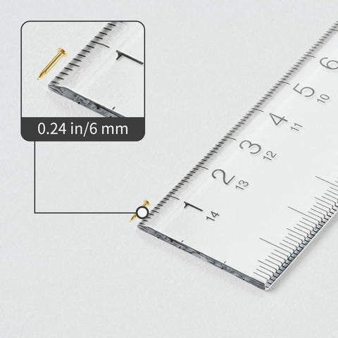Hella Durable Copper Plated Tiny Hardware Nails 300 Pack Quarter Inch Gold Carbon Steel Fine Finish sizes shown on ruler