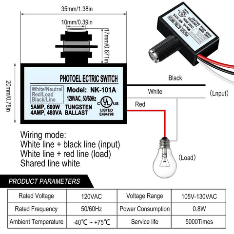 Technical diagram of 4 Pack 120V AC Photoelectric Switch Light Sensor Button Switch With Automatic Illumination Detection for outdoor lighting.