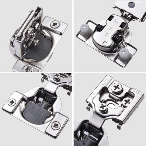 Close-up of satin nickel kitchen cabinet hinges, part of a Twenty Pack One Half Inch Overlay Soft Close Concealed system