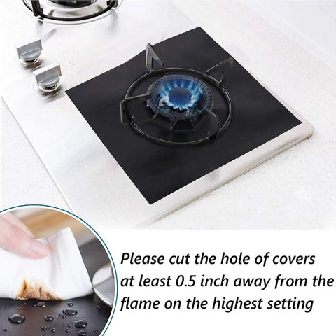 Stove Covers Set Eight Pcs 0.2mm 10.6x10.6 Inch Gas Range Protectors on burner; cleaning instruction shown