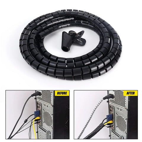 Spiral Cable Management Sleeve 2M Long for 10mm and 16mm Cables Black Wire Wrap and Protector for Home Office