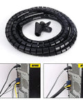 Flexible Spiral Cable Management Sleeve 2M Wire Tidy Tube, black, shown coiled with before and after cable organization images