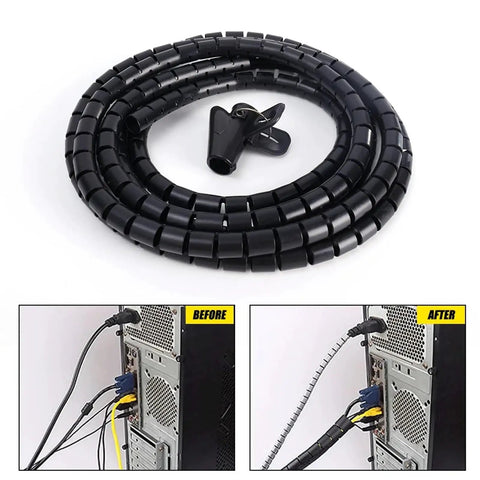 Flexible Spiral Cable Management Sleeve 2M Wire Tidy Tube, black, shown coiled with before and after cable organization images