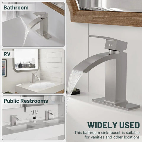 Brushed Nickel Sleek Waterfall Bathroom Faucet With Single Handle For One Hole Sink Brass Modern Commercial Faucet