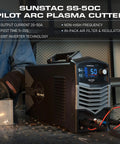 Non Touch Pilot Arc Plasma Cutter With 50 Amp Power, Dual Voltage 110 And 220 Volt IGBT Inverter with large LCD display shown.