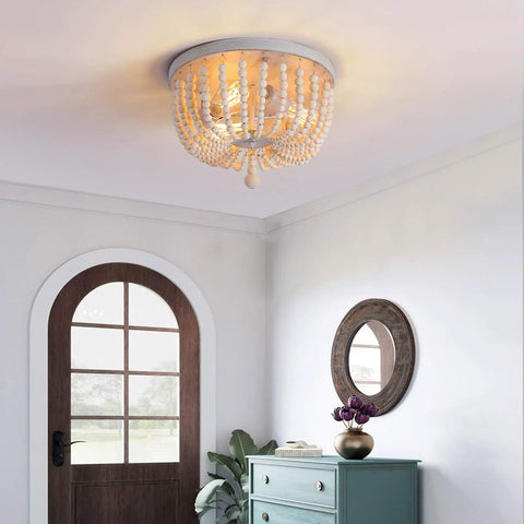Wood Beaded Chandelier 3 Light Semi Flush Mount Boho Farmhouse Ceiling Light in oak white finish in a hallway setting.