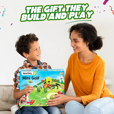 Hands On DIY Mini Golf STEM Kit For Kids Ages Six To Twelve Build A 10 Hole Course With A Mechanical Golfer Windmill Pop Up Trees Shots Counter And Champion Trophy No Tools Needed Screen Free Fun That Teaches Real Engineering. Boy and woman holding Mini Golf STEM kit box