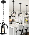 Black 1 Light Pendant Light With Adjustable Chain for Kitchen Island and Dining Room Hallway Entryway and Foyer Modern Industrial Wire Frame Lantern Style Lighting That Looks Ultra Lit, showing three lights over a kitchen island.