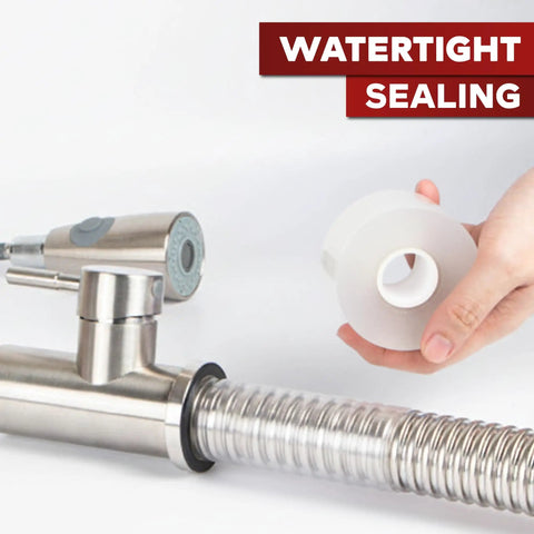 Hand holding Clear Self-Fusing Silicone Tape Pro, 1.5 Inch By 15 Foot, 30 Mils, near pipe fitting for watertight sealing.