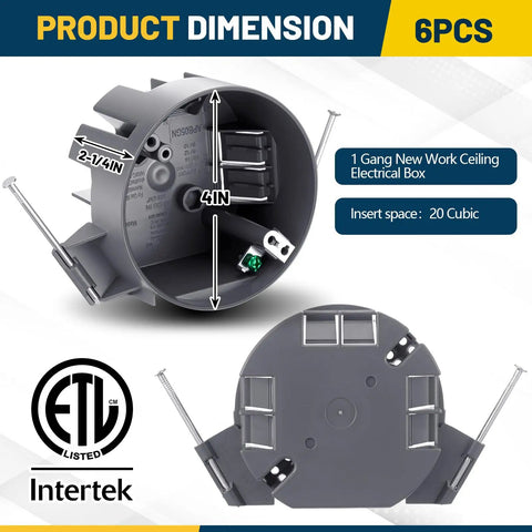 6 Pack Round Ceiling Electrical Boxes For DIY Pros, 20 Cu In PVC Junction Boxes With Grounding Lug And Screws, Great For Light Fixtures And Ceiling Fans, Ideal For New Work Installations, Gray showing 4in x 2-1/4in dimensions