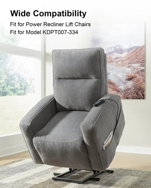 Power recliner lift chair in gray fabric, compatible with KDPT007-334 Linear Actuator for smooth reclining and lifting.
