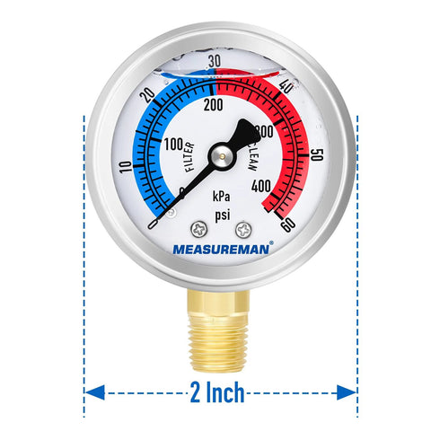 MeasureMan 2-inch glycerin-filled pool filter pressure gauge with 304 stainless steel case, 0–60 psi, 1/4 NPT