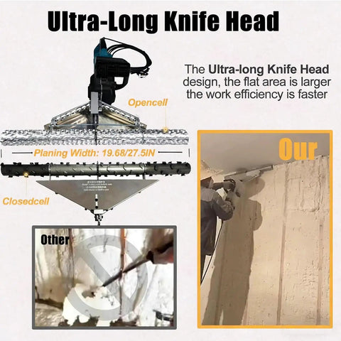 Top Shelf 1800w High Speed Foam Planer Saw For Quick Spray Insulation Cutting And Polyurethane Wall Trimming With 70cm Blade close-up on ultra-long knife head design.
