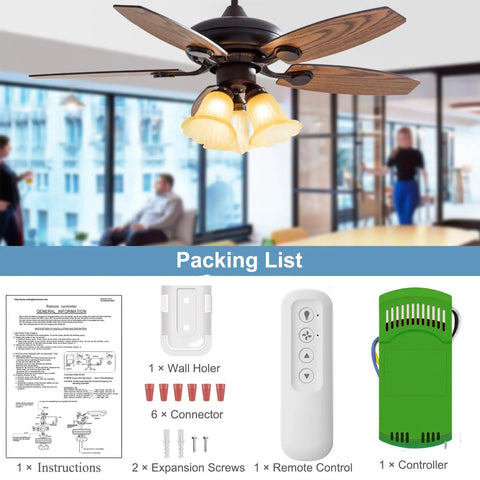 Universal Ceiling Fan Remote Control Kit With 3 Speed Settings And Light Dimmer, No Fuss Wall Mount Included, packing list image