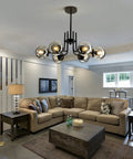 Living room with Six Light Glass Globe Sputnik Chandelier Modern Metal Black Ceiling Light Fixture Semi Flush Mount