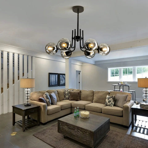 Living room with Six Light Glass Globe Sputnik Chandelier Modern Metal Black Ceiling Light Fixture Semi Flush Mount