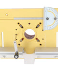 Heavy Duty Aluminum Alloy Router Table Insert Plate With Precision Lift Base And Hand Crank Dial for woodworking cuts, showing measurement scale.