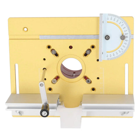 Heavy Duty Aluminum Alloy Router Table Insert Plate With Precision Lift Base And Hand Crank Dial for woodworking cuts, showing measurement scale.