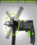Beefy Half Inch Corded Hammer Drill For Concrete With Variable Speed 0 To 3000 RPM And 48000 BPM Dual Function visible side handle