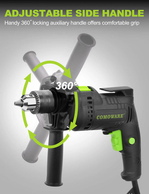 Beefy Half Inch Corded Hammer Drill For Concrete With Variable Speed 0 To 3000 RPM And 48000 BPM Dual Function visible side handle