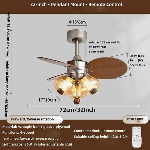 YPDJVLTI Ceiling Fans Lights Children's LED Fandelier 32-inch pendant mount with remote control and glass lampshade.