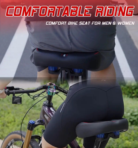 Wide Bike Seat For Men And Women Extra Large Comfort Saddle on bike with ergonomic design to prevent slipping and rubbing.