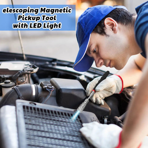 Man using Three Piece Magnetic Pickup Tool Set With 360 Degree Swivel And Telescoping Reach Up To 32 Inches 8 Pound Magnet And LED Light