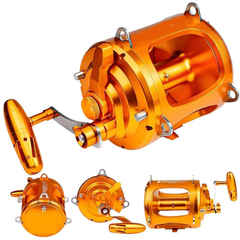 Beefy Saltwater Fishing Reel For Offshore Boats With 8 Plus 1BB Dual Gear, Slow Pitch Jigging And Trolling, orange metallic body