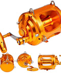 Orange aluminum Saltwater Fishing Reel For Offshore Trolling And Slow Pitch Jigging With Dual Gear 8 Plus 1BB system.