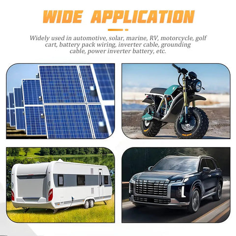 Heavy Duty 4 Awg Battery Cables With Tinned Pure Copper Core And Beefy Rock Solid 3/8 Inch Lugs Waterproof Insulated Power Wire Pair used in RV, solar, motorcycle, and cars.
