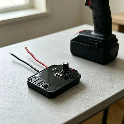 Brushless Controller For Electric Wrench, Beefy Heavy Duty Power Transmission unit on table with cordless tool