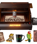 P3 Laser Engraver With Switchable 48W And 24W Diode 455Nm Laser Cutter showing engraved items including wood and ceramic