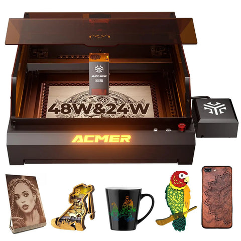 P3 Laser Engraver With Switchable 48W And 24W Diode 455Nm Laser Cutter showing engraved items including wood and ceramic