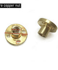 Close-up of T8 brass nuts from Two Pack 150Mm TR8x8 Lead Screws, showing dimensions for Z-axis 3D printers, CNC, and DLP/SLA machines.