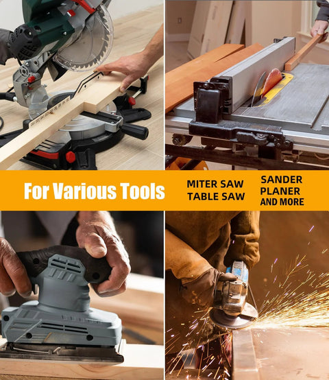 Four power tools collage: miter saw, table saw, orbital sander, and angle grinder.