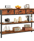 Heavy Duty 47 Inch Console Table With Upgraded Fabric Drawers And Spacious Three Tier Open Shelving in rustic brown, decorative items on top.