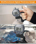 Digital Thickness Gauge For Leather Paper Fabric And Film With 0.0005 Inch Resolution And 0 To 0.5 Inch Range shown measuring materials