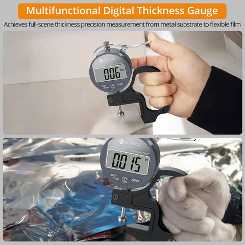 Digital Thickness Gauge For Leather Paper Fabric And Film With 0.0005 Inch Resolution And 0 To 0.5 Inch Range shown measuring materials