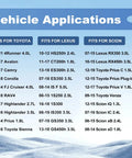 Vehicle application chart for Toyota, Lexus, Scion models listing applicable years and engine types.