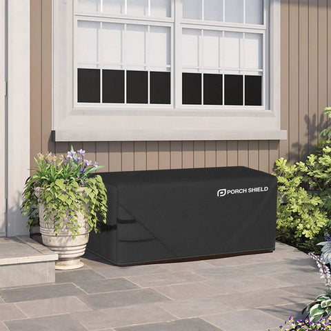 Heavy Duty Outdoor Deck Box Cover For 150 To 230 Gallon Storage 62 Inch Length 29 Inch Width 28 Inch Height Waterproof Tear Resistant 70 Percent Polyester 30 Percent PVC Rectangular Fire Pit Table Cover All Weather Black installed on patio