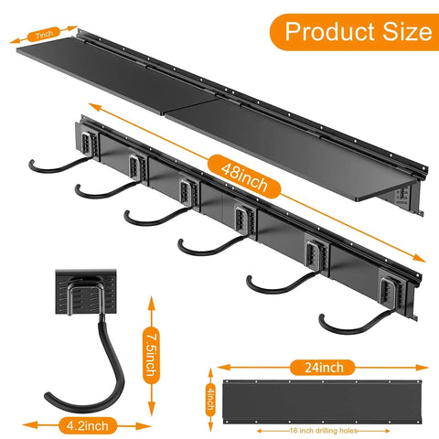 Diagram of the Wall Mounted Bike Storage Rack With Shelf, 6 Bike Hangers For Garage, Space Saving Wall Mount Holds Up To 600 Lbs, Includes Two Storage Shelves For Helmets And Gear with dimensions.