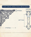 Built Like A Tank 4 Pack Solid Cast Iron Shelf Brackets 4x4 Inch with decorative design and dimensions for vintage farmhouse use.
