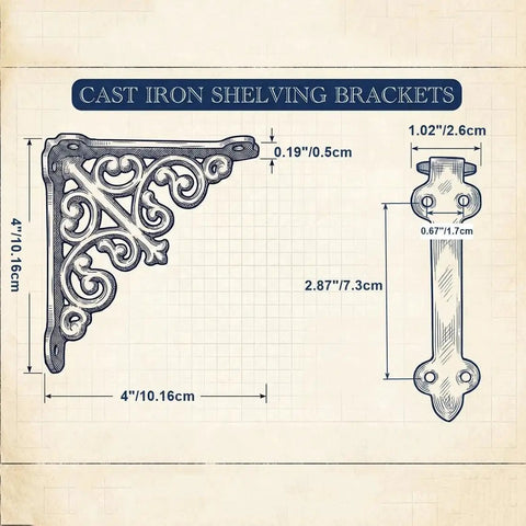Built Like A Tank 4 Pack Solid Cast Iron Shelf Brackets 4x4 Inch with decorative design and dimensions for vintage farmhouse use.